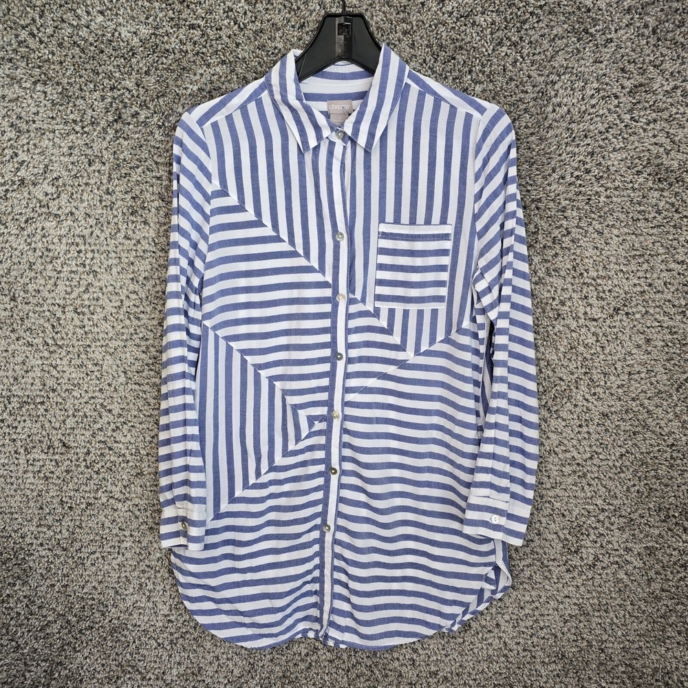 Chicos Top Womens 0 US Small Blue Striped Button Up Tunic Collared Casual Ladies
